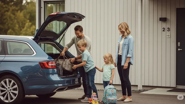 En glad familj som packar sin moderna och säkra familjebil, en mörkblå kombi, inför en utflykt.