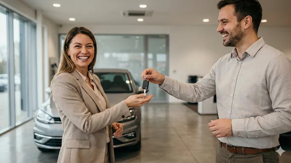 Glad person som tar emot nycklarna till sin nyköpta begagnade bil.
