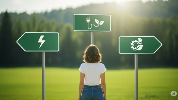 Person som väljer mellan elbil, laddhybrid och hybrid vid ett vägskäl.